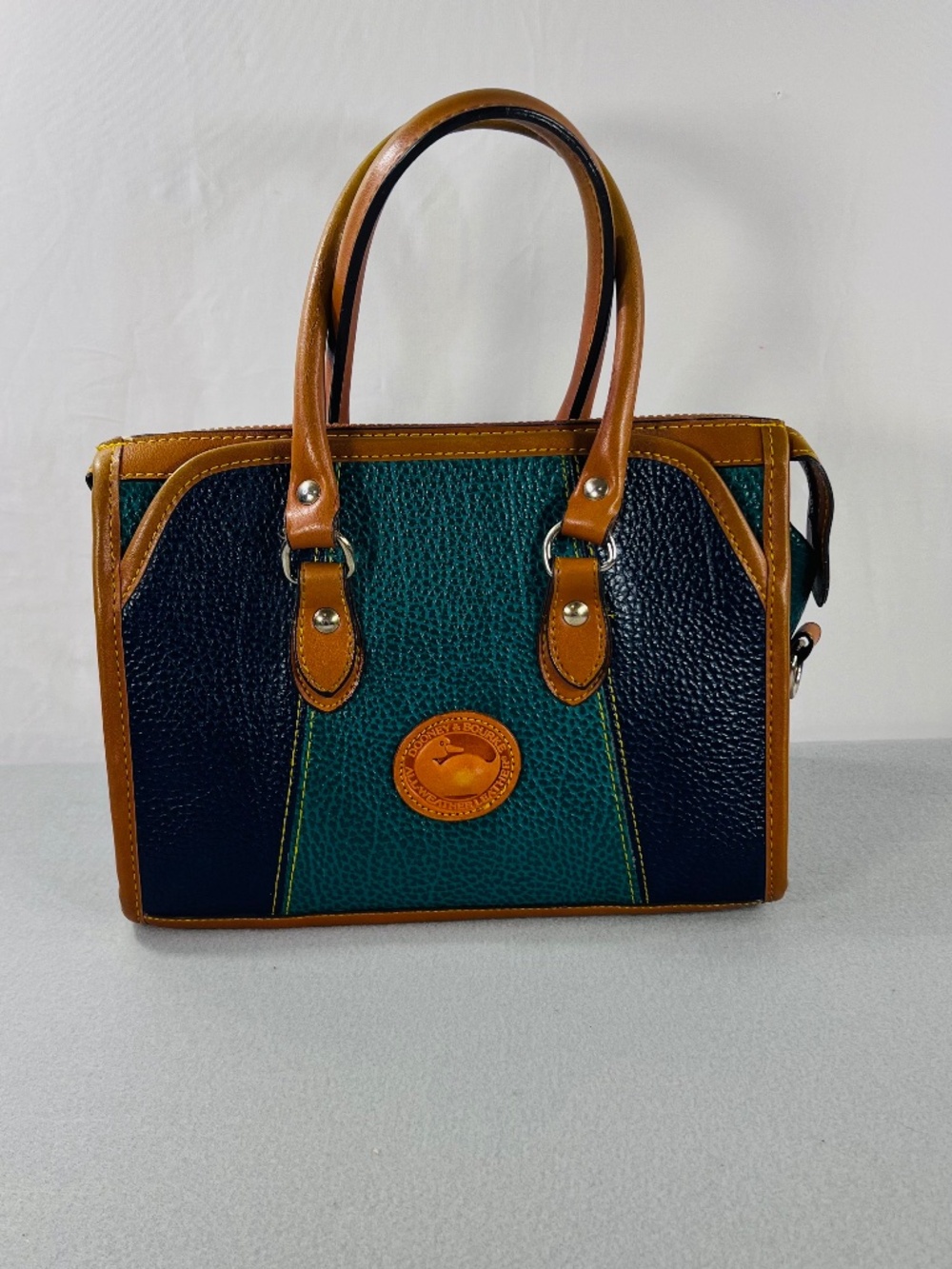 Vintage Dooney & Bourke Tricolor Pebble Leather Zip Top. Forest Green/Blue/Tan